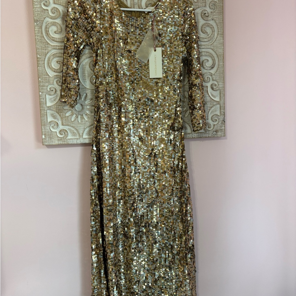 LoveShackFancy Gold Sequin Long Sleeve Dress